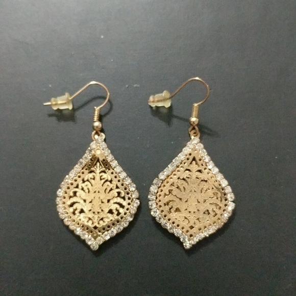 Gold Tone Clear Rhinestone Dangle Statement Earrings - Picture 1 of 1